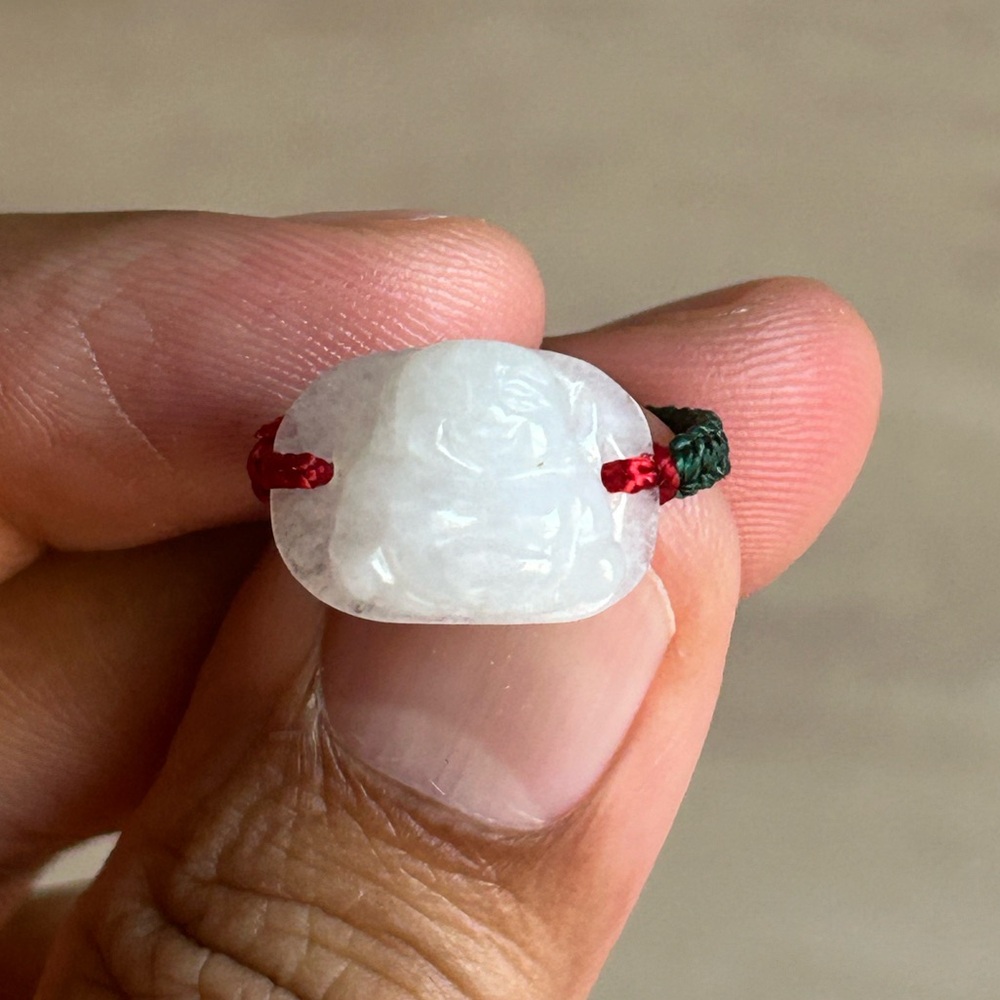 White Jade Carved Laughing Buddha Ring, Size 6